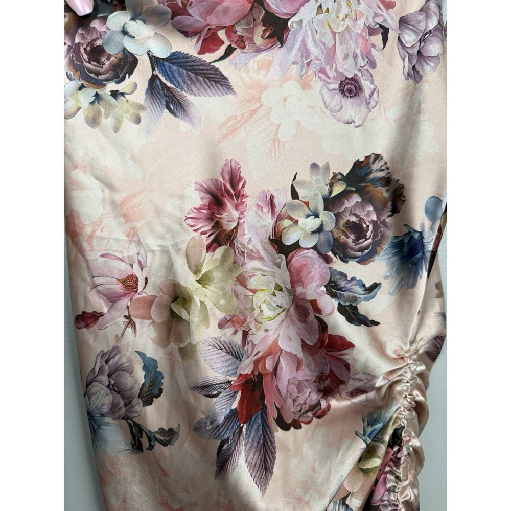 Acoa Dress Floral Satin Ruched Slip Dress Cow Neck Whimsical Romantic Y2k Style - Picture 7 of 11